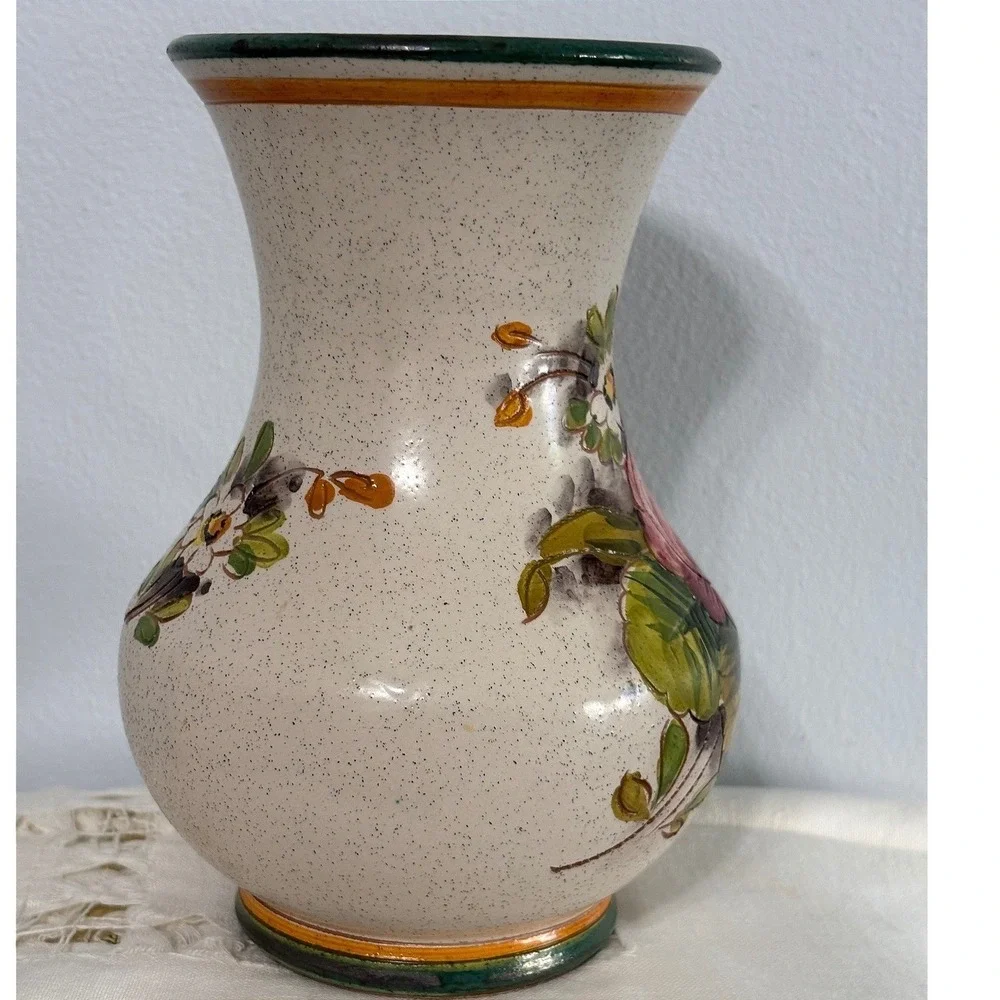 Hand Painted Floral Ceramic Vase Speckled Cream Red Rose Italian Majolica Style